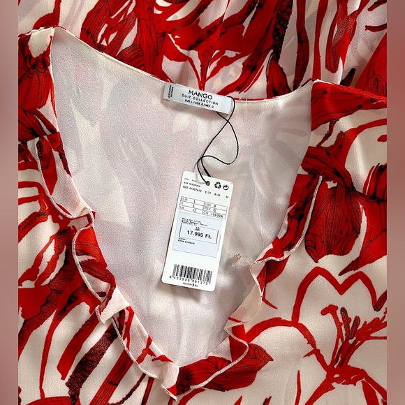 NWT Mango Suiting Red Floral V-Neck Sheer Long Sleeve Tunic Dress, Size 8 US - Picture 9 of 13